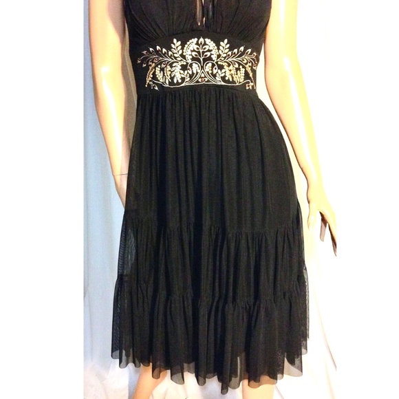$138 Black Plunge Neck Halter Embroidered Layered Gypsycore Chiffon Dress~4~NWOT - Picture 4 of 12